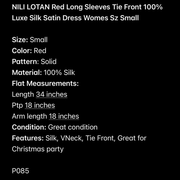 Nili Lotan Red Silk Satin Tie Front Dress 100% Luxe Long Sleeve Women's Small - Picture 7 of 7